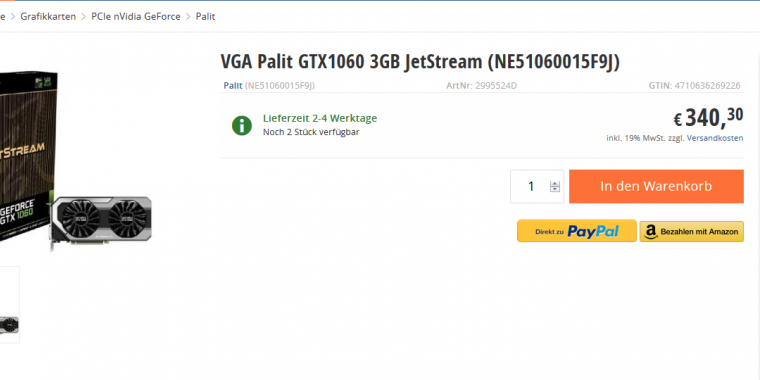 Geforce GTX 1060 3GB bei deutschem Händler auf Lager