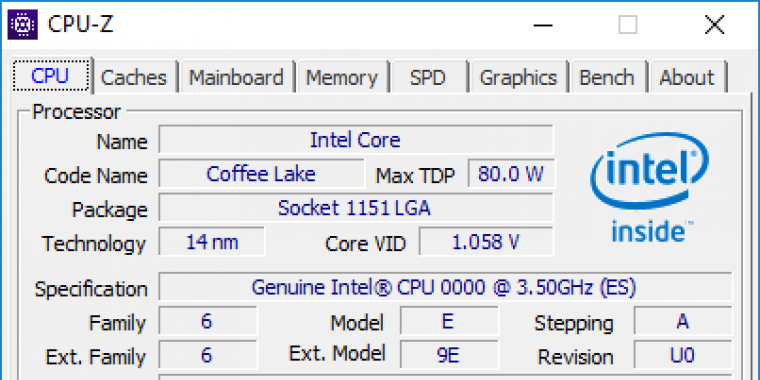 Intel Coffee Lake: CPU-Z-Screenshot zeigt Sechskerner mit 3,5 GHz (1)