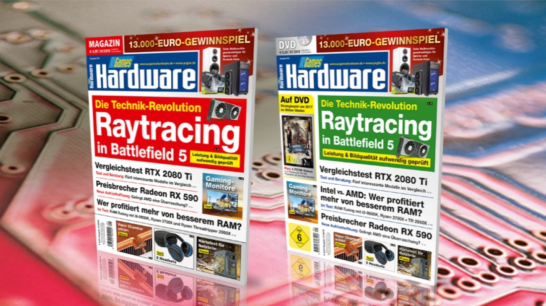 PCGH 01/2019 (#219): RAM-Skalierung mit 2700X &amp; 9900K, Vergleichstest 5 × RTX 2080 Ti, Raytracing-Leistung und Bildqualität geprüft, 8 neue Gaming-Monitore, 3 Herstellerkarten mit RX 590 u.v.m. DVD-Vollversion: Bounty Train