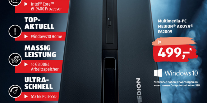 Medion: Aldi-Süd bewirbt aufrüstbaren Desktop-PC mit Sechskern-CPU und 16 GiB RAM für 500 Euro sowie neue Notebooks (1)