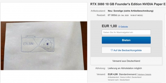 Vermeintliche RTX 3080 auf Ebay: "Alternative", "Paper Edition", "für RTX 3080" - Hauptsache, kreativ (1)